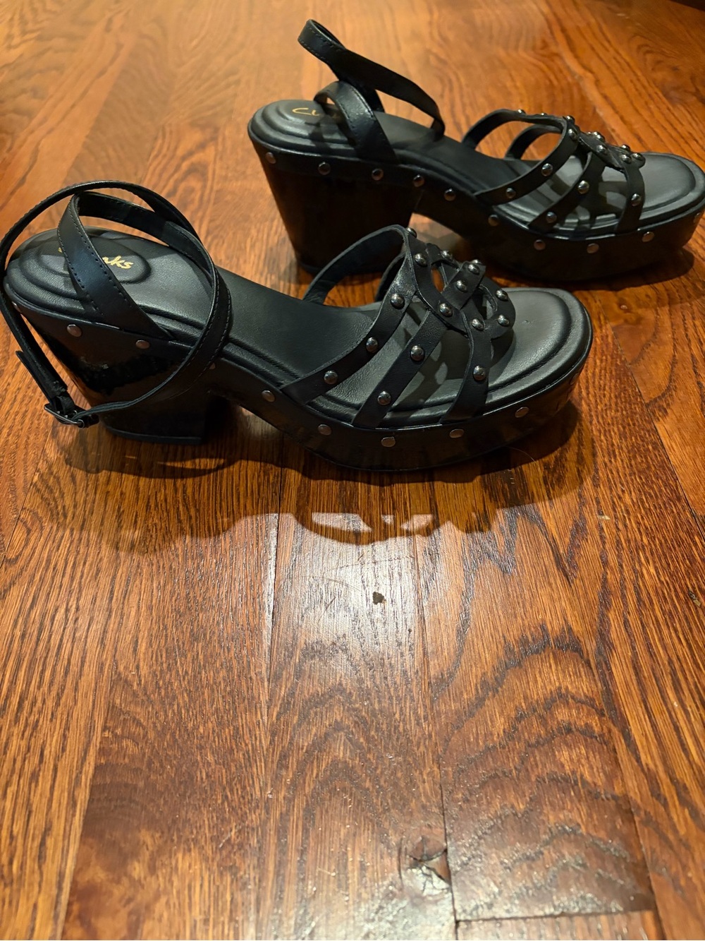Clarks Black Studded Platform Sandals with Ankle Strap